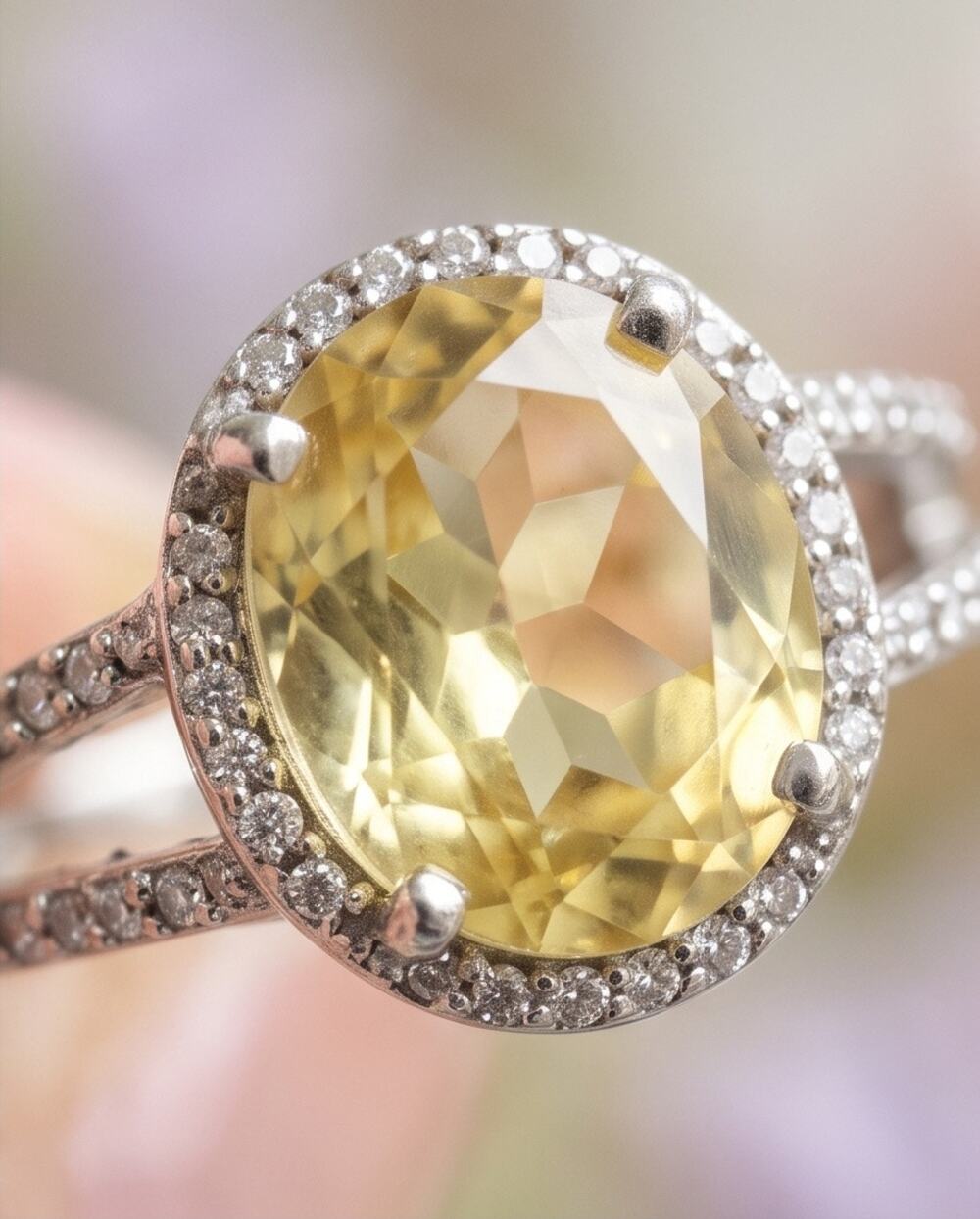 6 Carat Lemon Quartz Diamond Halo Engagement Ring Sterling Size 7.50